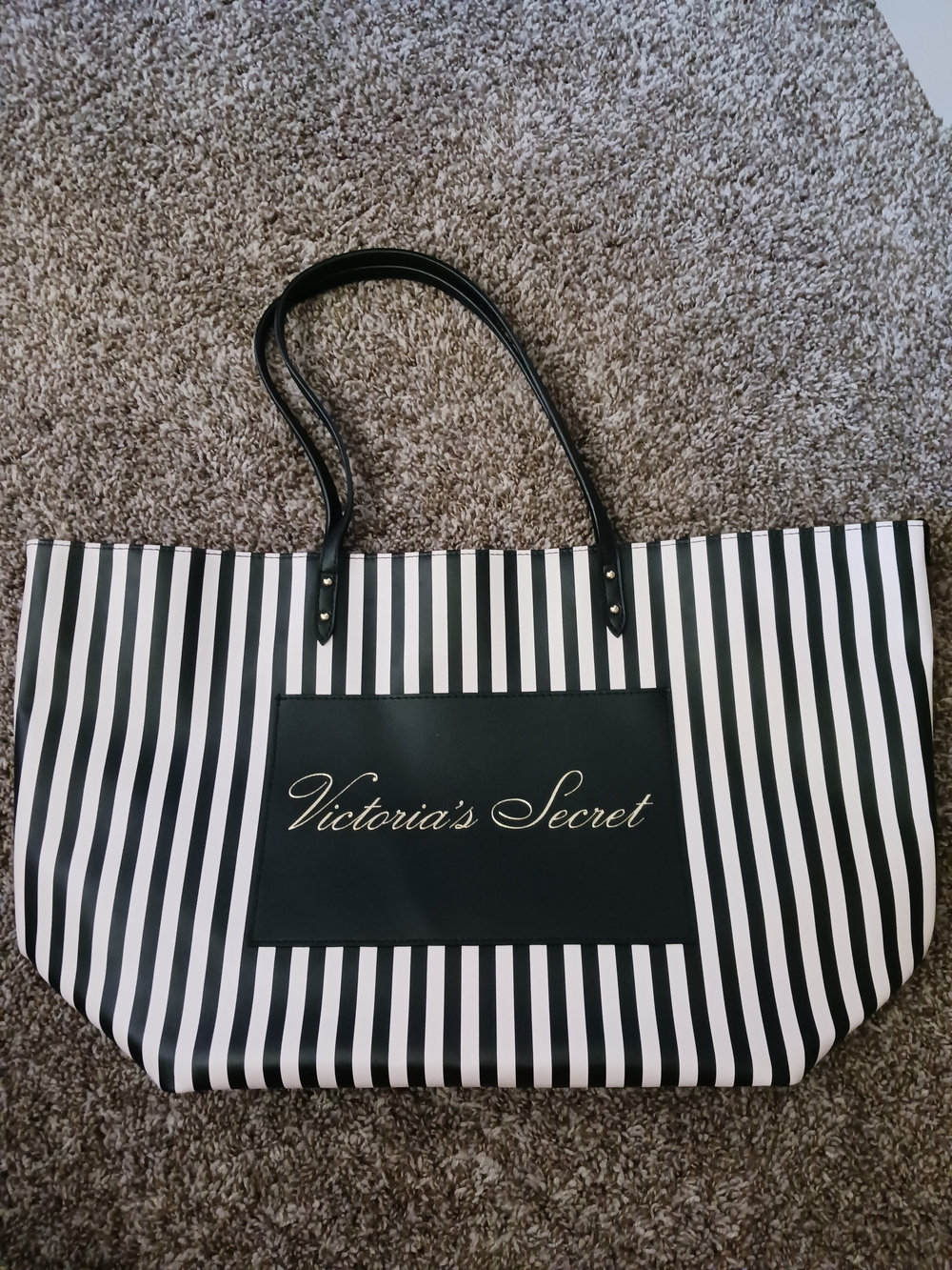 Victoria's Secret Black and White Striped Tote with Gold Logo
